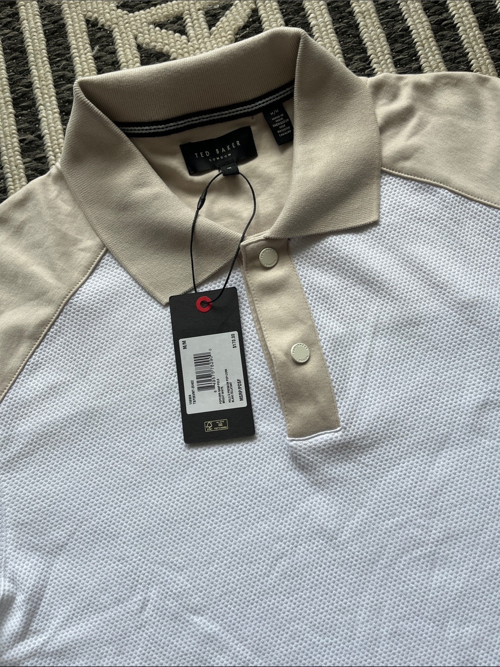 Ted Baker White Knit Polo with Beige Contrast Collar